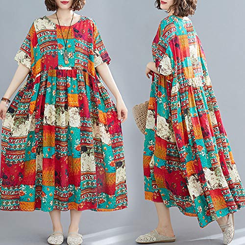Loijon Mulheres Plus Size Vestido de Linho de Algodão Bloco de Cor Com Decote Em V Longo Maxi Plissa