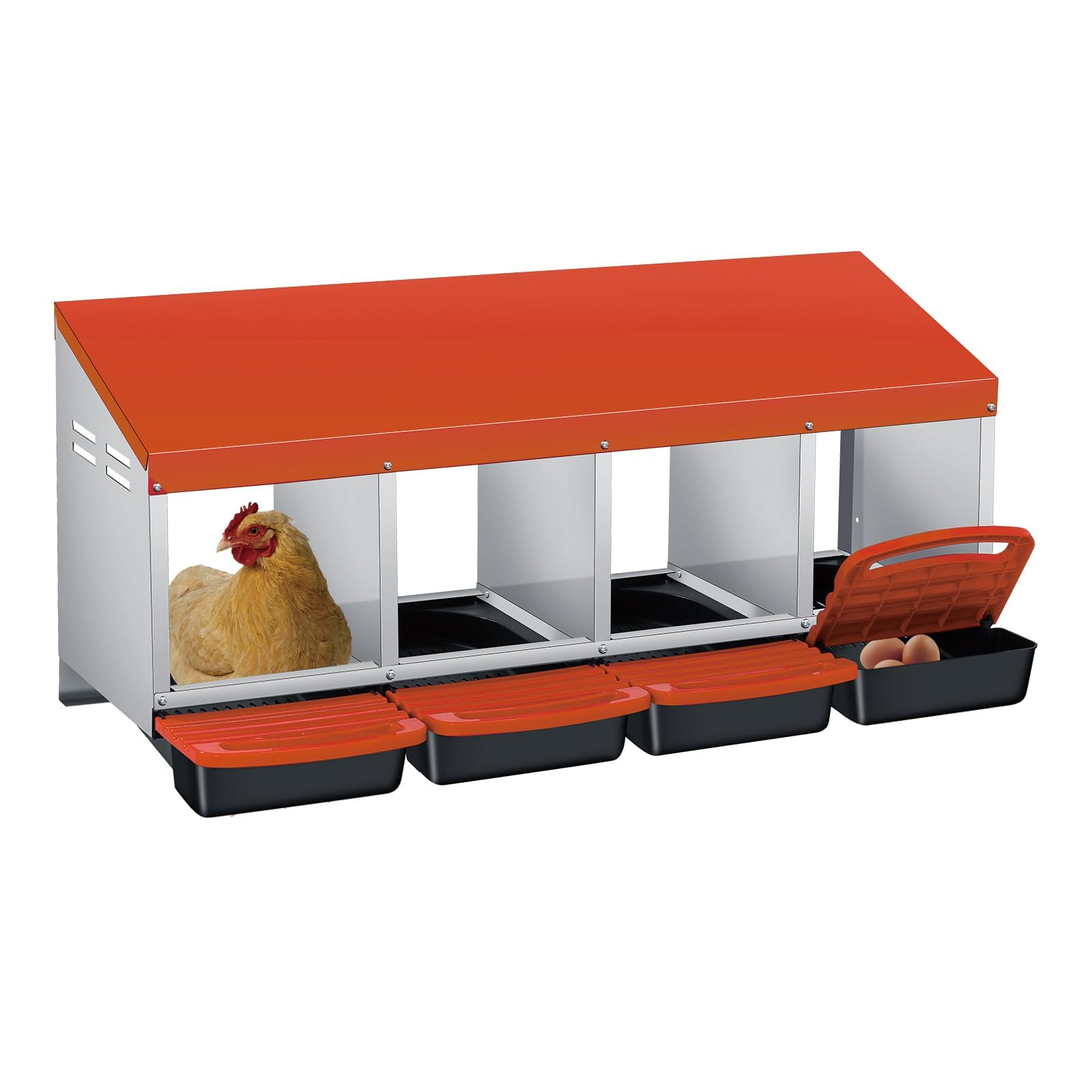Garvee Nido para gallinas ponedoras con 4 Compartimentos de Acero galvanizado, Nido para Pollos con Sistema de Recogida de Huevos Anti-Rotura y bandejas extraíbles, fácil de Limpiar, Naranja