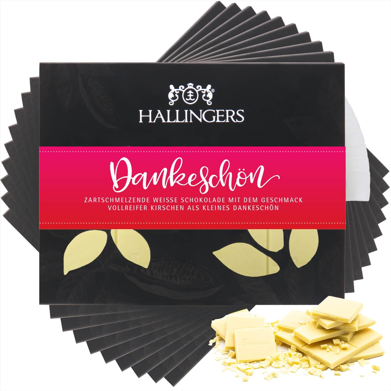 Hallingers Genuss Manufaktur Weiße Schokolade Dankeschön-Geschenk - Tafel handgeschöpfter Edelkakao ohne Alkohol edler Karton 10x "Dankeschön" Kirsche, Geschenkidee für Frauen Männer