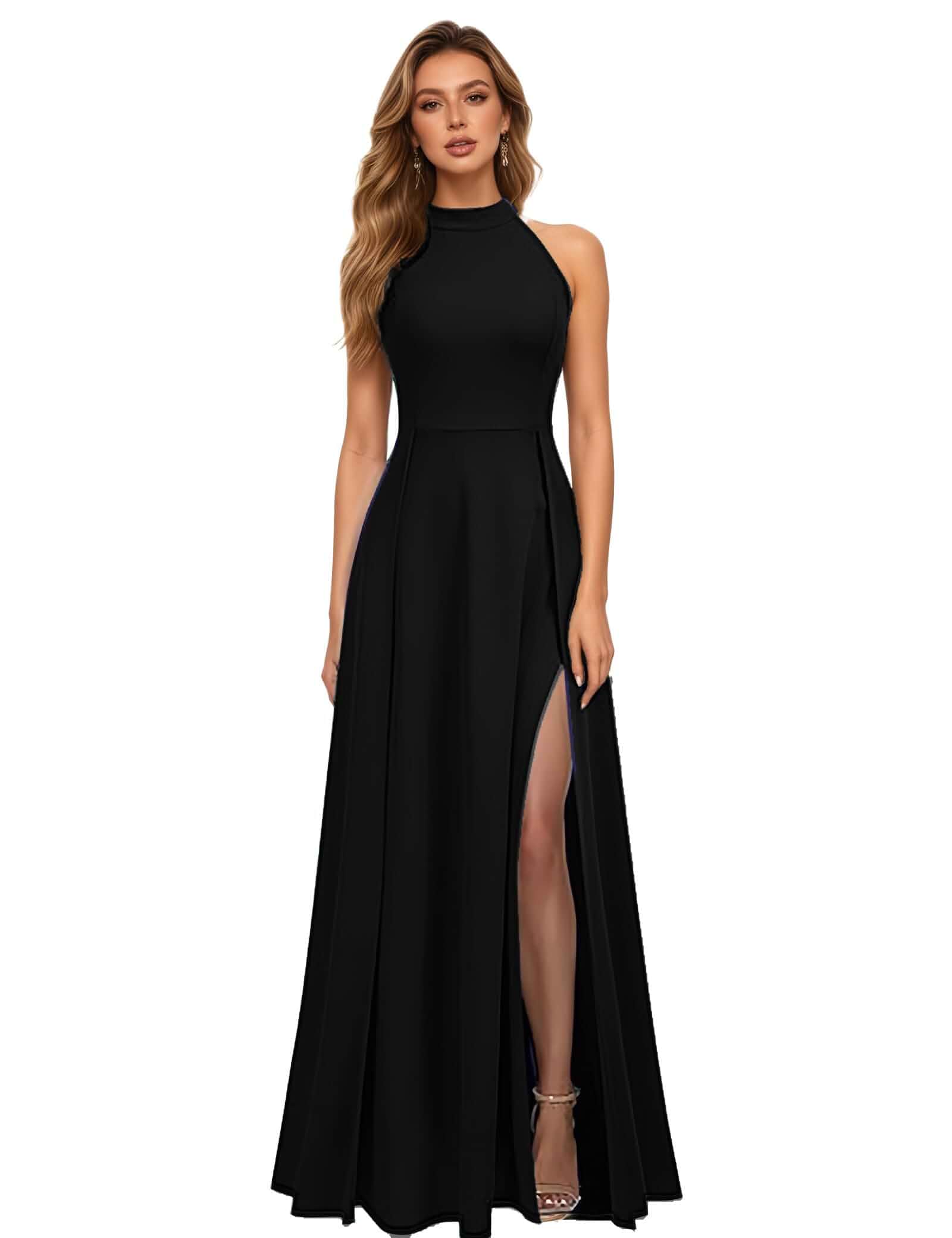 Zeflows Womens Halter A-line Side Slit Sleeveless Maxi Dress Evening Gown Elegant Cocktail Party Wedding Guest Dress