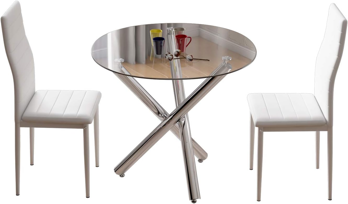 Round Dining Table and Chairs Set 2, Glass Kitchen Table and 2 White Faux PU Leather Chairs