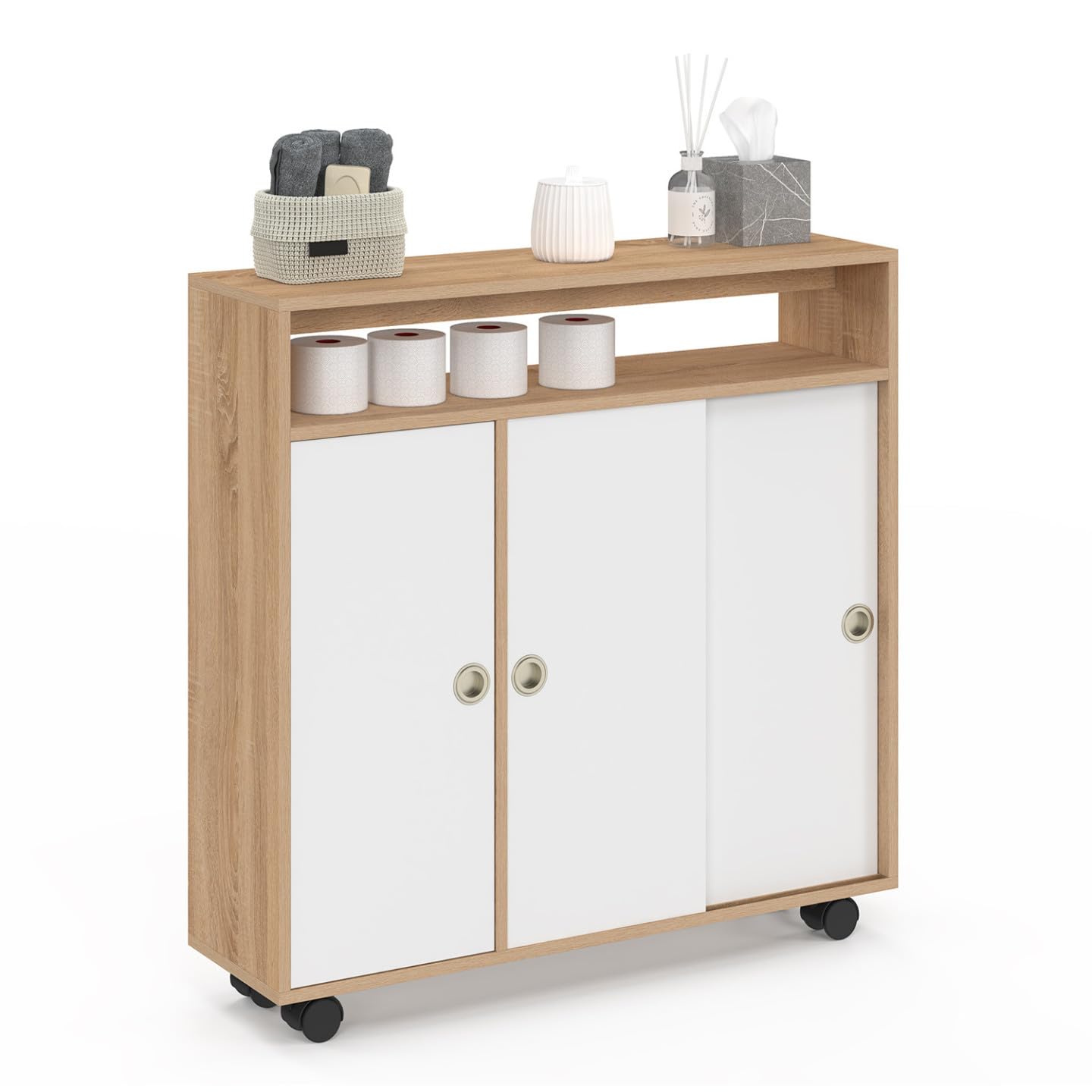 IDMarket - Armario auxiliar Mueble de almacenamiento con ruedas para baño TOMI Estructura de haya Tablero Blanco