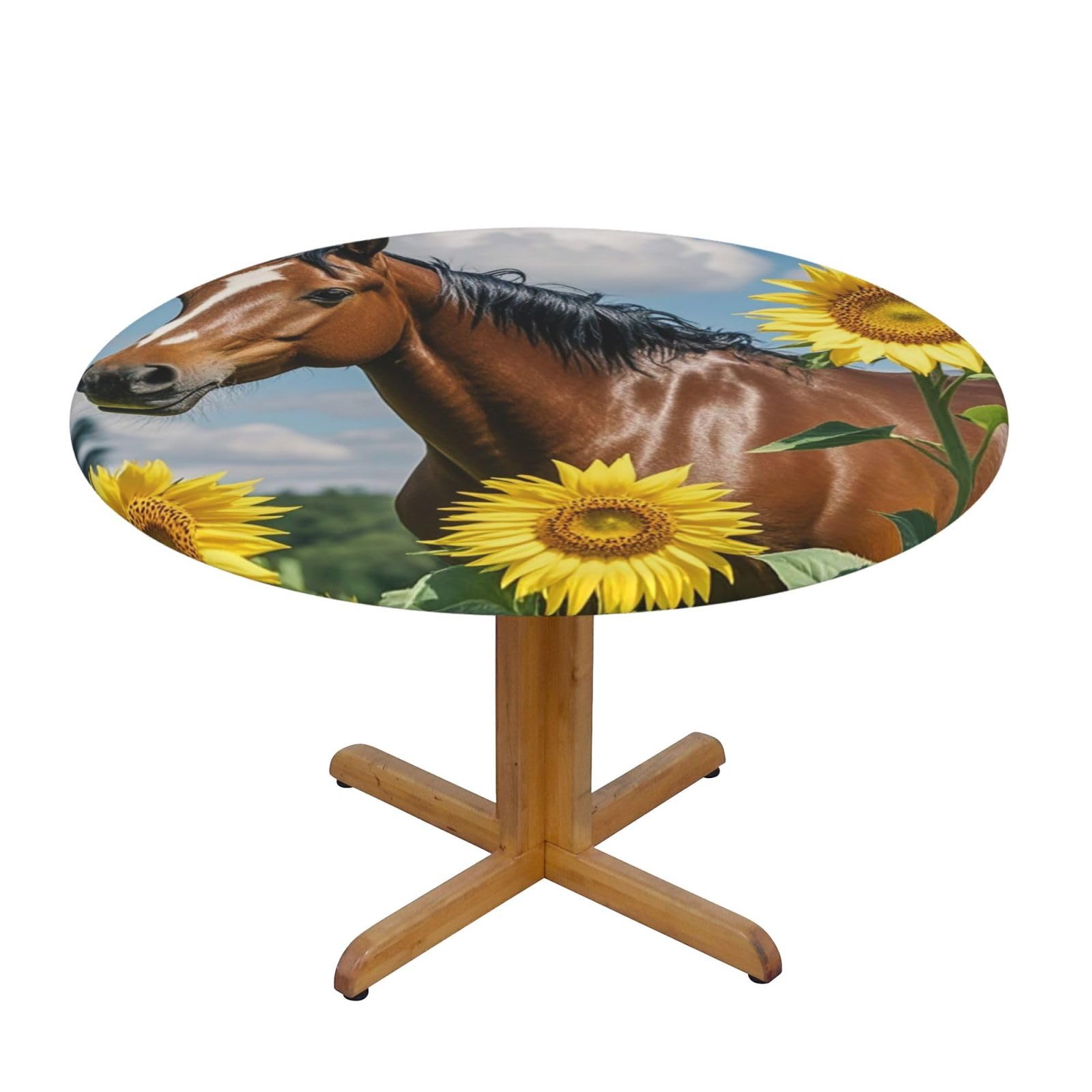 BTCOWZRV Horse and Sunflower Round Spandex Tablecloth 47 Inch, Elastic Fitted Waterproof Tablecloths Stretch Washable Picnic Table Cover for Camping, Dining, Indoor and Outdoor