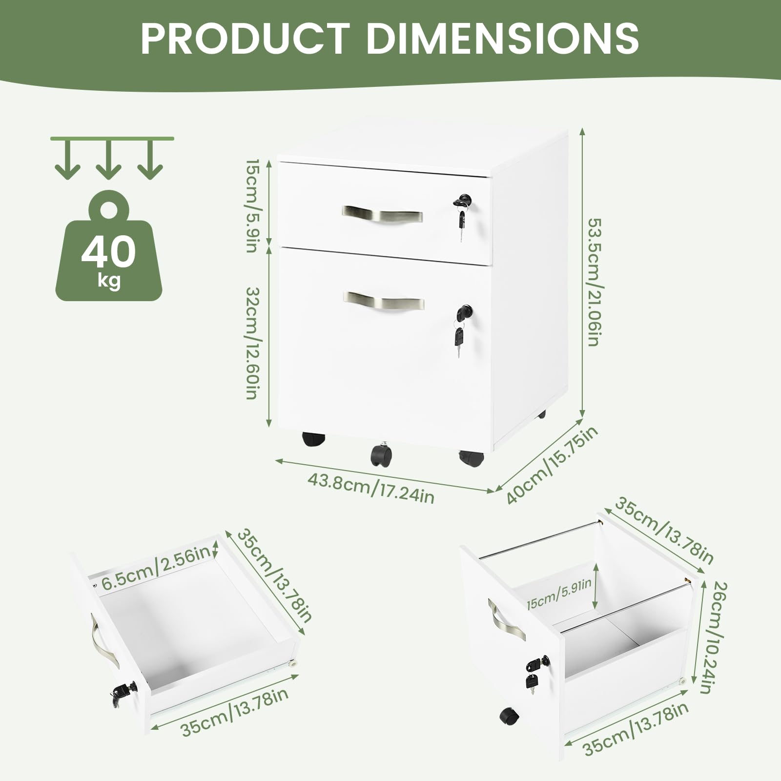 Caisson de Rangement, Meuble Bureau à 5 roulettes, 2 Tiroirs, Verrouillable Meuble sous Bureau 53.5 cm Hauteur, Blanc
