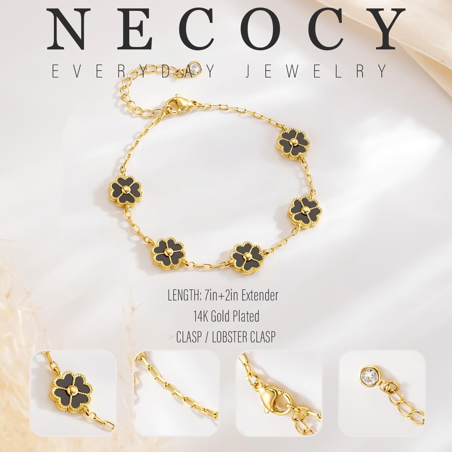 NECOCY Clover Bracelet for Women, Trendy 18K Gold Plated Four Leaf Lucky Flower Bracelets Set Adjustable Dainty Simple White/Black/Pink/Blue Floral Jewelry Gifts for Women Valentine Birthay Daily - Image 7