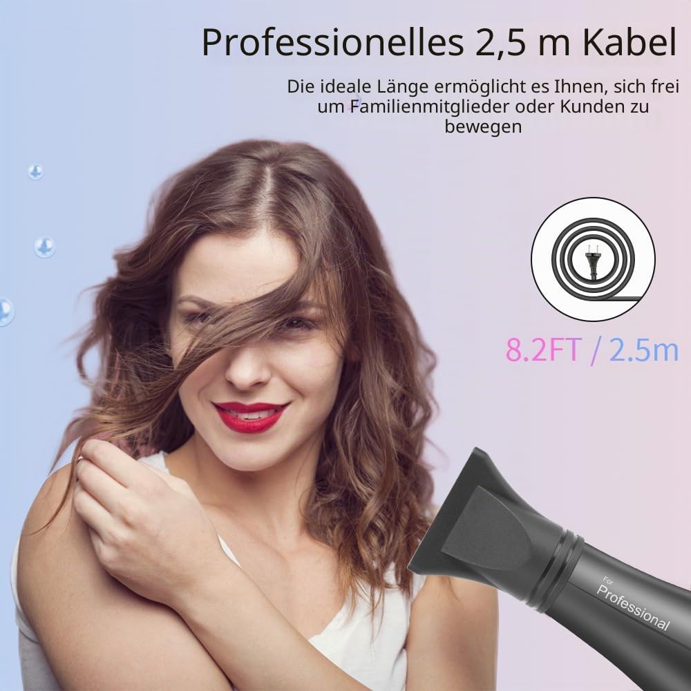 Faszin Professioneller Ionen-Haartrockner, Haartrockner mit Diffusor, leistungsstarker professioneller Haarfon, Triple-L plus widerstandsfähiger Hairdryer (mattgrau)