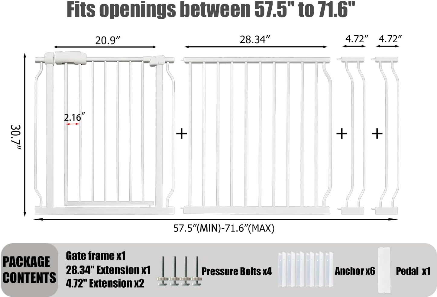 Extra Wide Baby Gate Tension Indoor Safety Gates White Metal Large Pressure Mounted Pet Walk Through Long Dog for The House Doorways Stairs (66.9 inches-71.6 inches, White) (Th-0001) White 67-71.5"/170-182CM