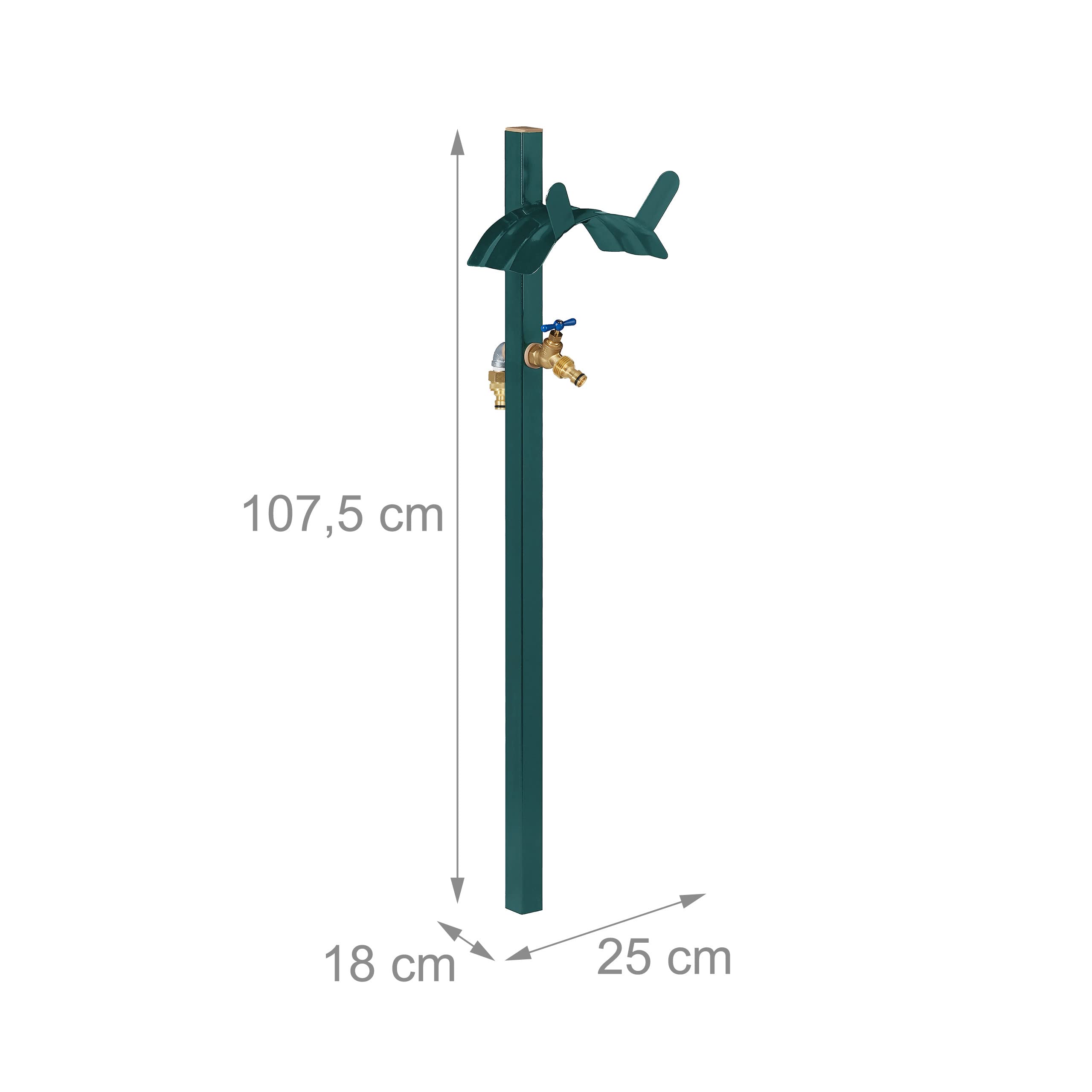 Relaxdays Dozownik wody z uchwytem na wąż, do węża 45 m, 2 x adapter węża 1/2", stal, HBT 107,5 x 25 x 18 cm, zielony