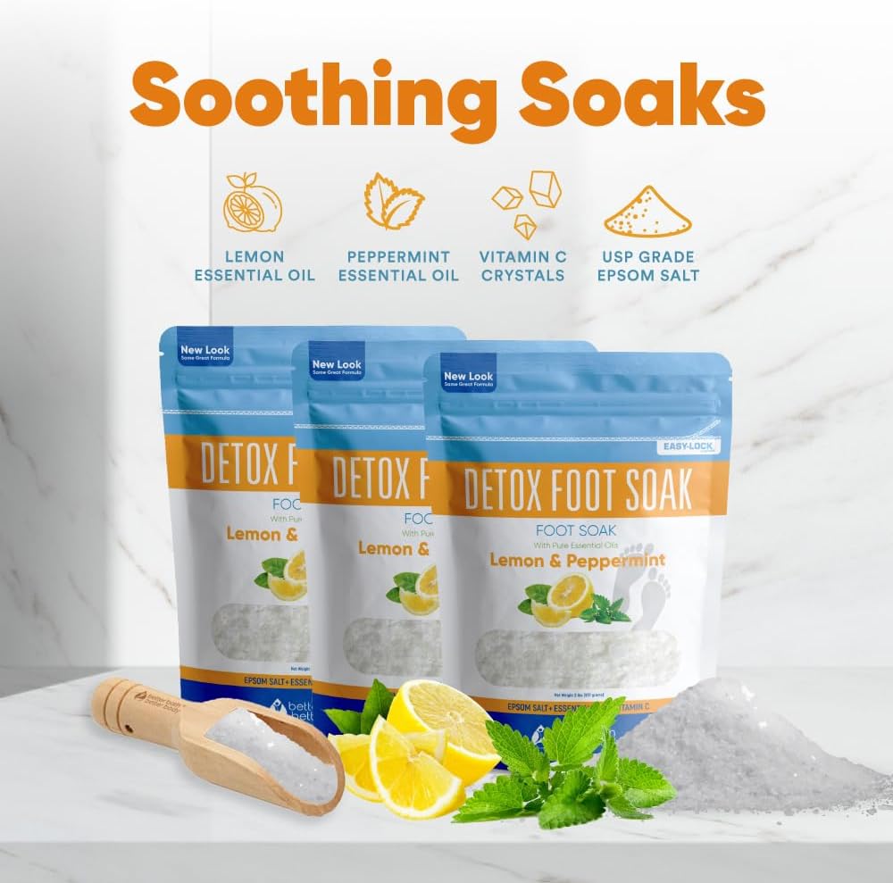 Detox Foot Soak (3 Pack Plus Scoop) Epsom Salt Soothing Soaks and Athlete's Foot Detox with Essential Oils in BPA Free Pouch with Press Lock Seal (Bundle with Three 2 Lbs Pouches 6 Lbs Total)
