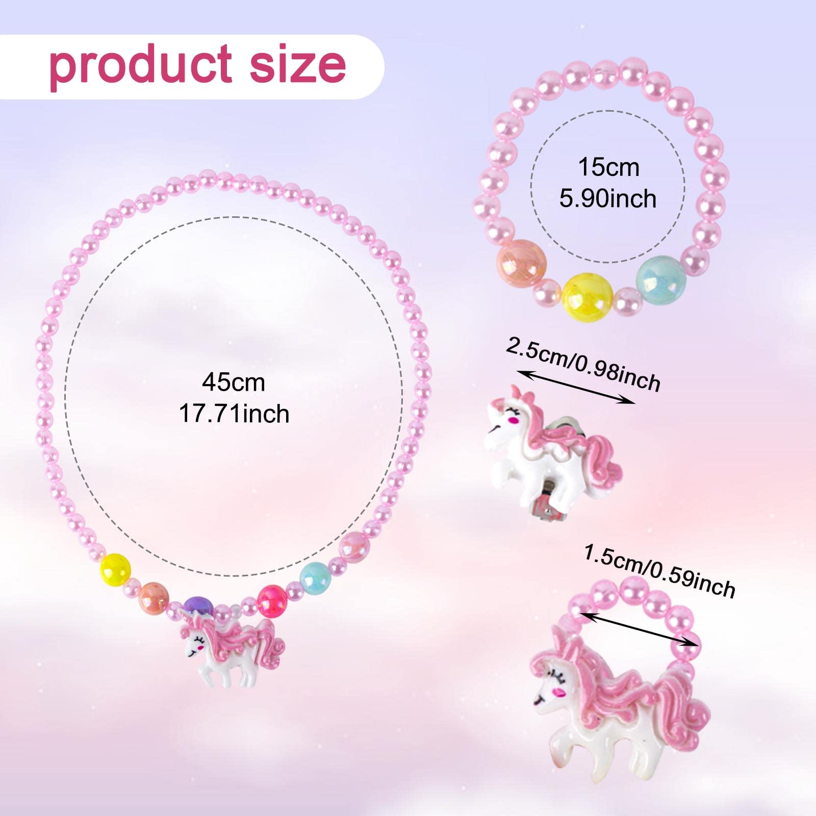 AYNKH 3 Sets Kids Jewellery, 15 PCS Unicorn Bear Butterfly Stretchy Necklace Bracelet Ring Hair Clip, Colorful Gift Party Favors Dress up for Little Girl Toddler - Image 2