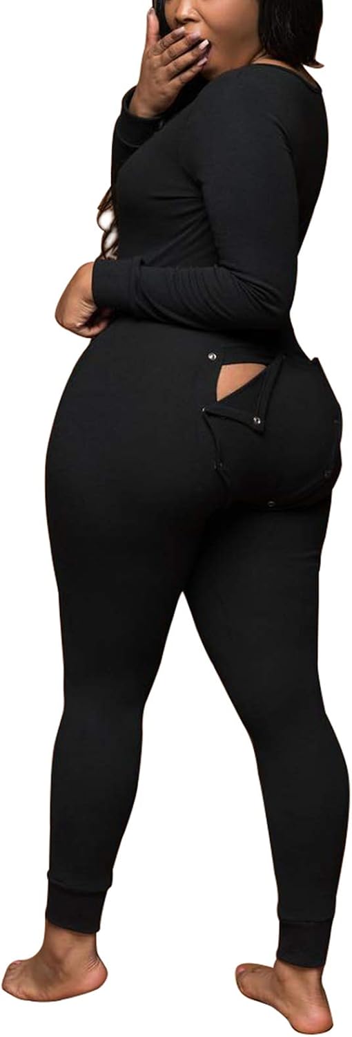 Women Butt Flap Bodycon Jumpsuit One Piece Pajamas Long Sleeve V Neck Romper Sleepwear - Image 3