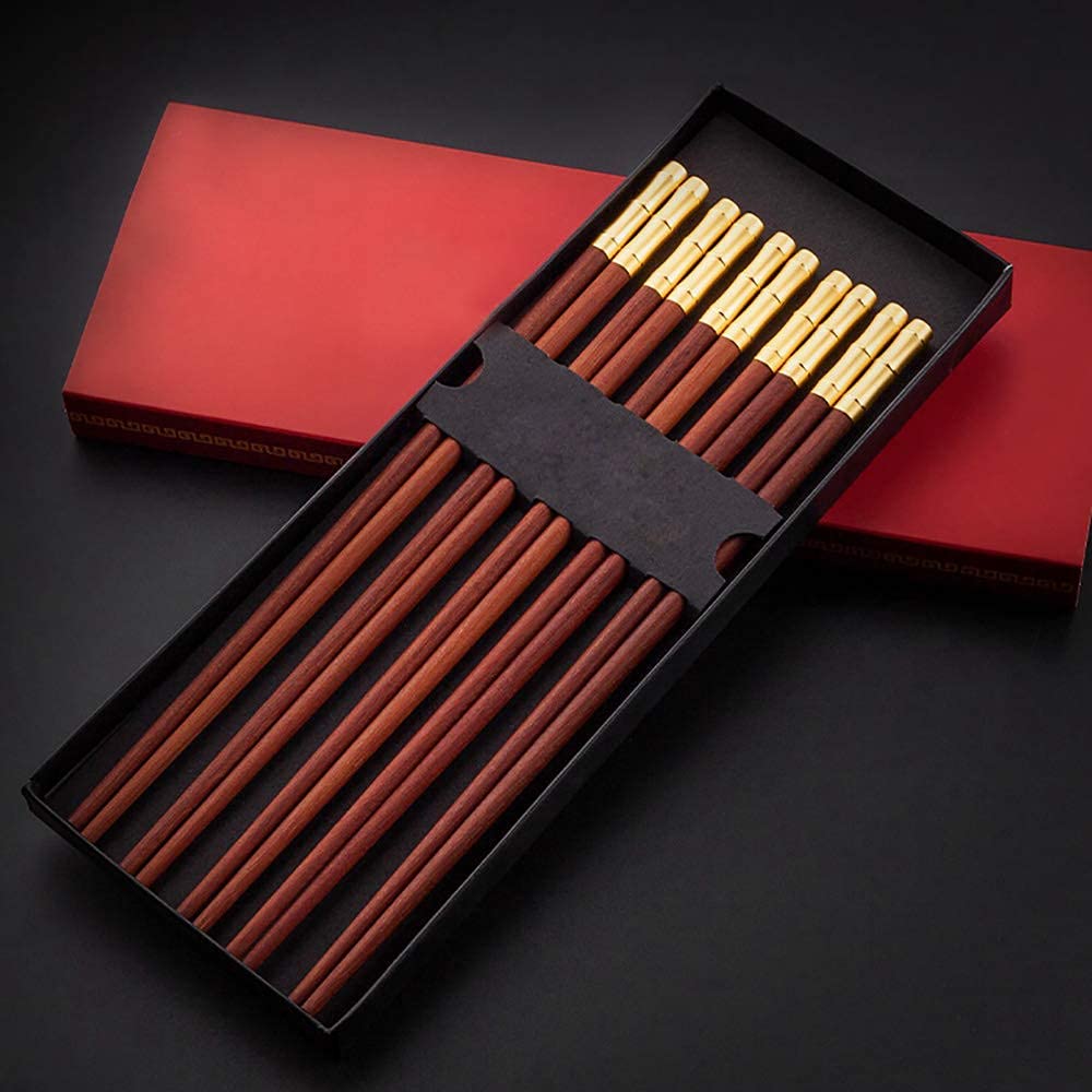 Baguettes réutilisables Lot de 10 paires de baguettes chinoises faites à la main, baguettes en bois dur, baguettes japonaises en bois naturel, baguettes réutilisables sculptées à la main avec coffret
