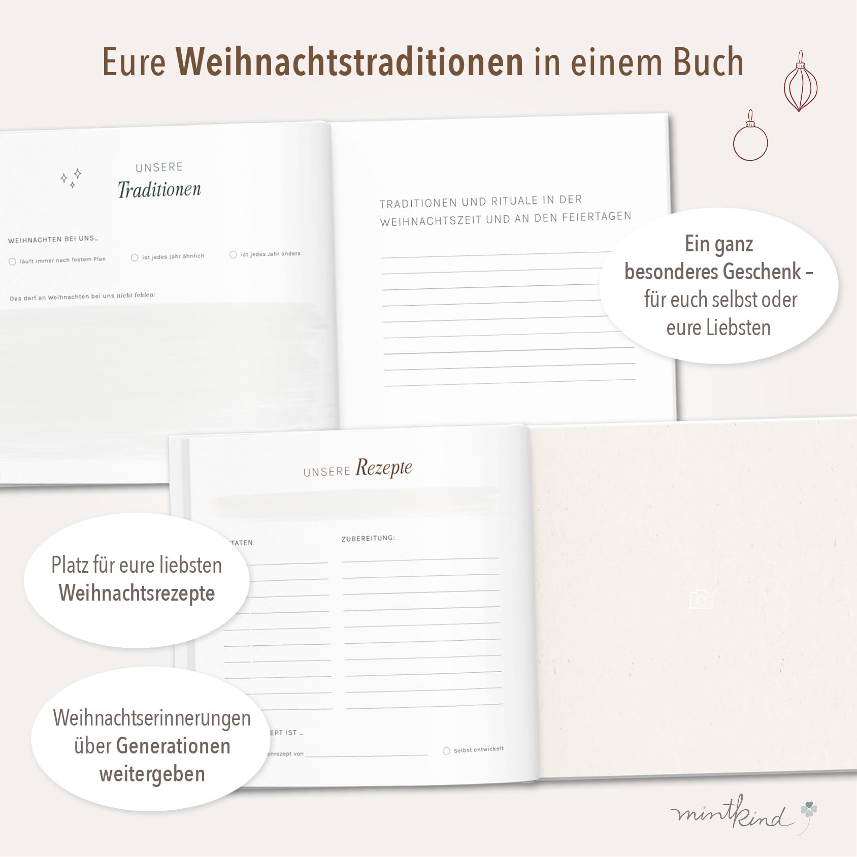mintkind® Erinnerungsbuch Familie Weihnachten, Fotobuch 10 Jahre Weihnachtszauber mit Platz für Fotos Rezeptseiten Ritualen Notizen, Premium Papier, Leinen-Hardcover, 24x22 cm, Rot