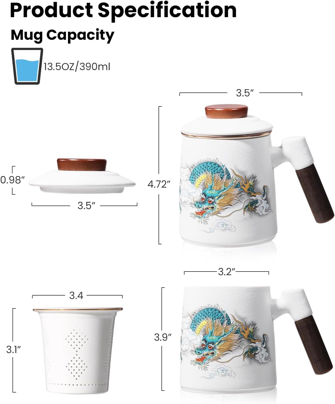 Ceramic Tea Cup with Infuser and Lid, 13.5 oz Tea Mug for Loose Leaf Tea,Wood Handle,Chinese Dragon Design,All Porcelain Strainer,BPA-Free, Perfect for Tea Lovers/Birthday/Mother's Day (White）