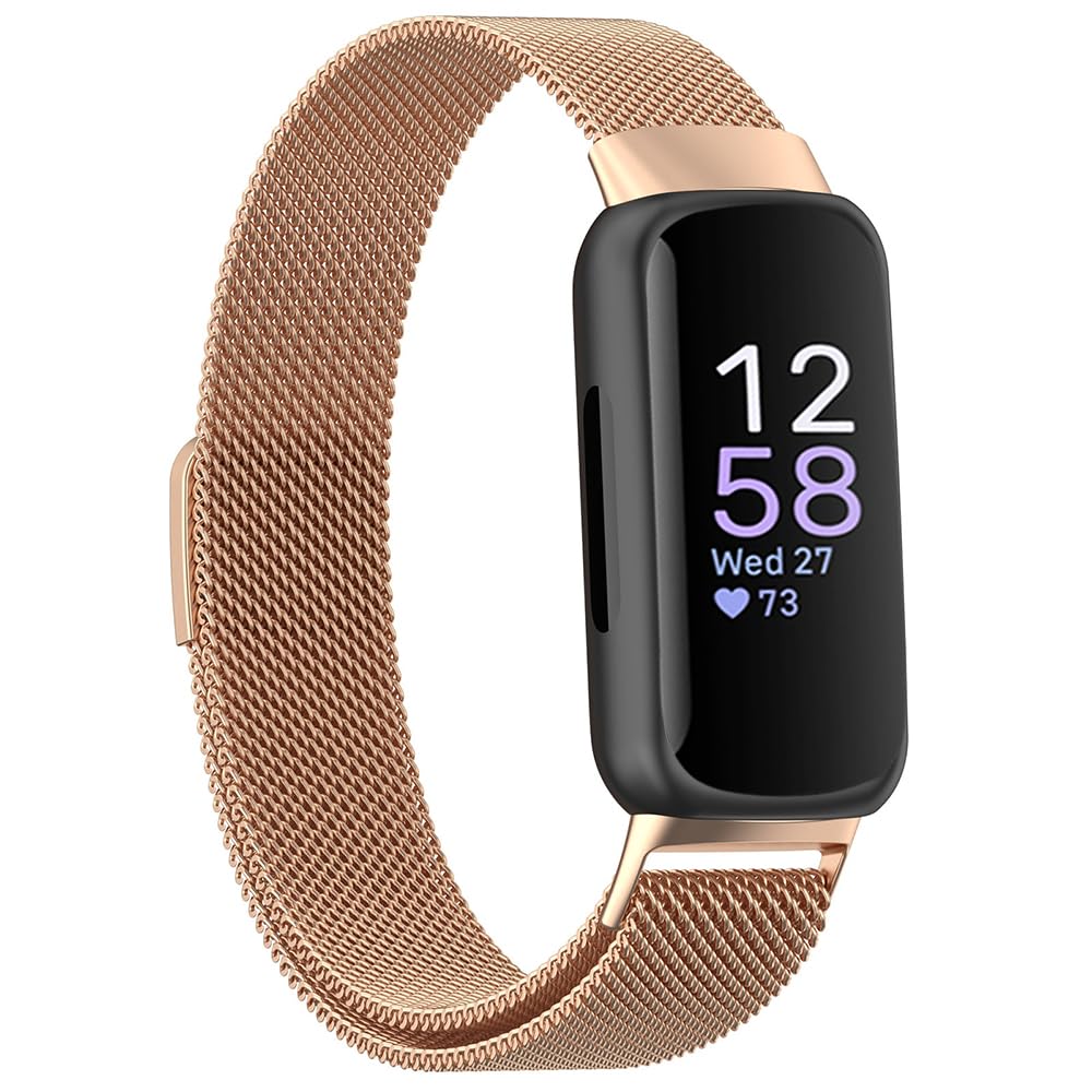 Moydolo Stainless Steel Metal Mesh Loop Adjustable Replacement Wristband Band Compatible with Fitbit Inspire 3 Straps - Rose Gold