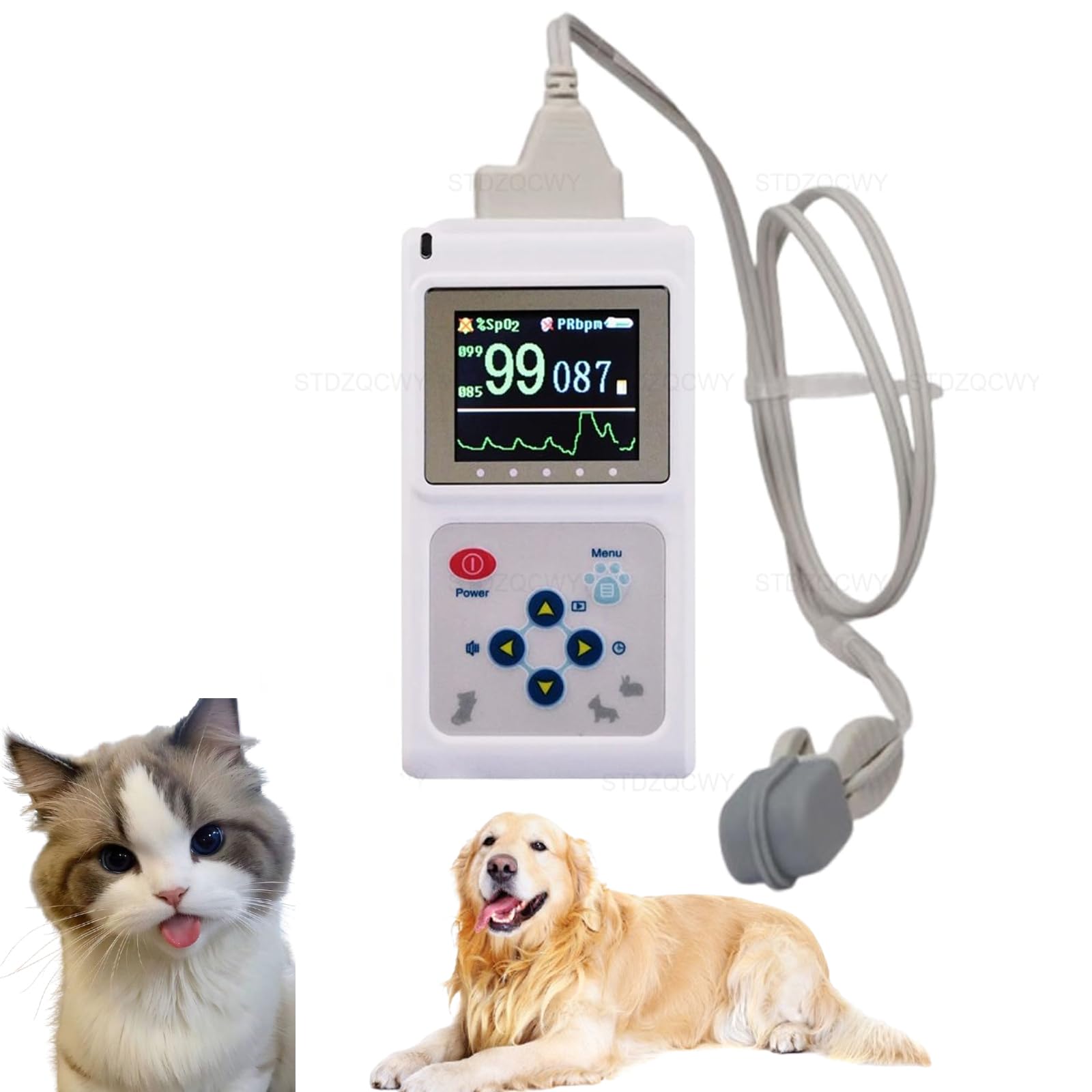 Oxímetro de pulso veterinario para mascotas: sensor de SpO2 portátil para perros y gatos, monitor de frecuencia cardíaca con sonda y cable USB para uso doméstico y veterinario.