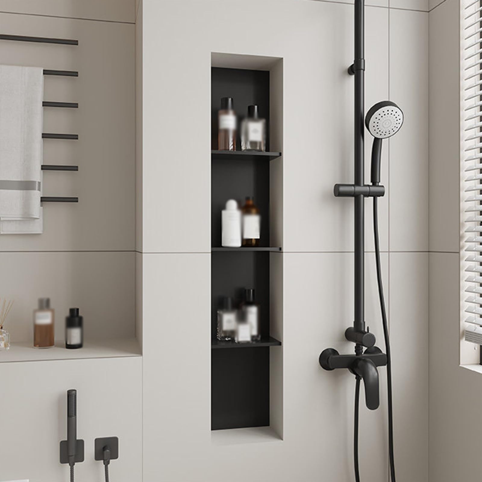 Niche de douche alcôve sans cadre en métal noir à 4 niveaux pour rangement de salle de bain