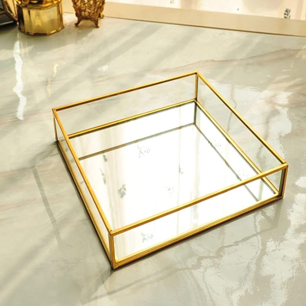Square Vintage Gold Mirror Glass Vanity Tray,Ornate Geometric and Brass Plated Display Storage Organizer for Makeup Brushes/Lipstick/Skincare/Perfumes/Beauty Room/Bathroom Accessories image 3