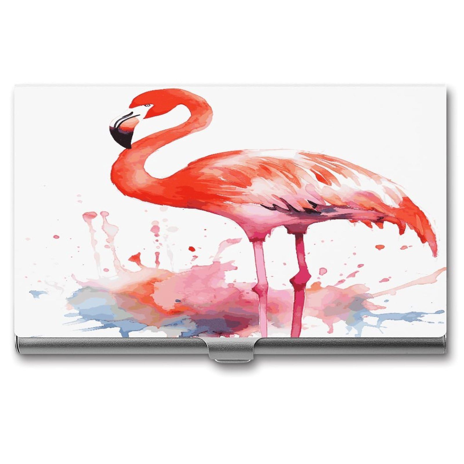 LDGSUPH Watercolor Flamingos Business Card Holder Fashion Slim Name Card Holder Minimalist Design Case Metal Card Carrier Personalized Business Card Case with Flip for Men Women