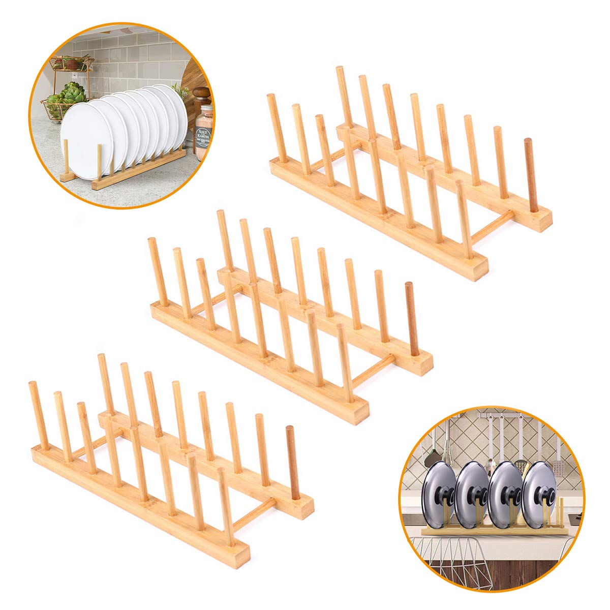 Bamboo Wood Dish Rack, 3 Pack Plate Rack Stand Pot Lid Holder, Bowl Cup Book Pot Lid Cutting Board Drying Rack Stand Drainer Storage Organizer Kitchen Cabinet