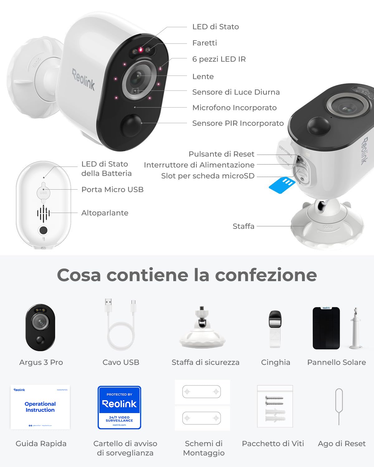 Reolink 2K 5MP Telecamera WiFi da Esterno Senza Fili con Pannello Solare | Batteria, Visione Notturna a Color, Rilevamento di Persona/Veicolo/Animali, 2,4/5GHz Wi-Fi, Audio Bidirezionale, Argus 3 Pro