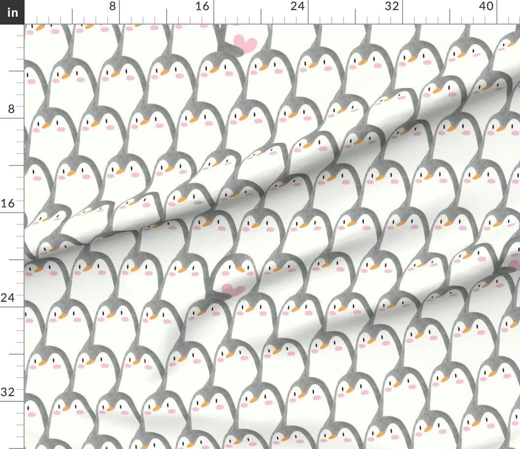Spoonflower Fabric - Penguin Watercolor Whimsical Cute Gray Cream Pink Heart Love Valentine Printed on Petal Signature Cotton Fabric by The Yard - Sewing Quilting Apparel Crafts Decor
