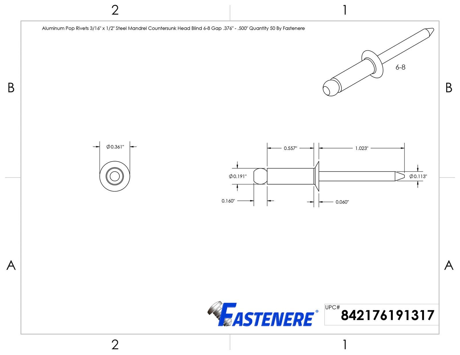 Aluminum Pop Rivets 3/16'' x 1/2'' Steel Mandrel Flat Countersunk Head Qty 50