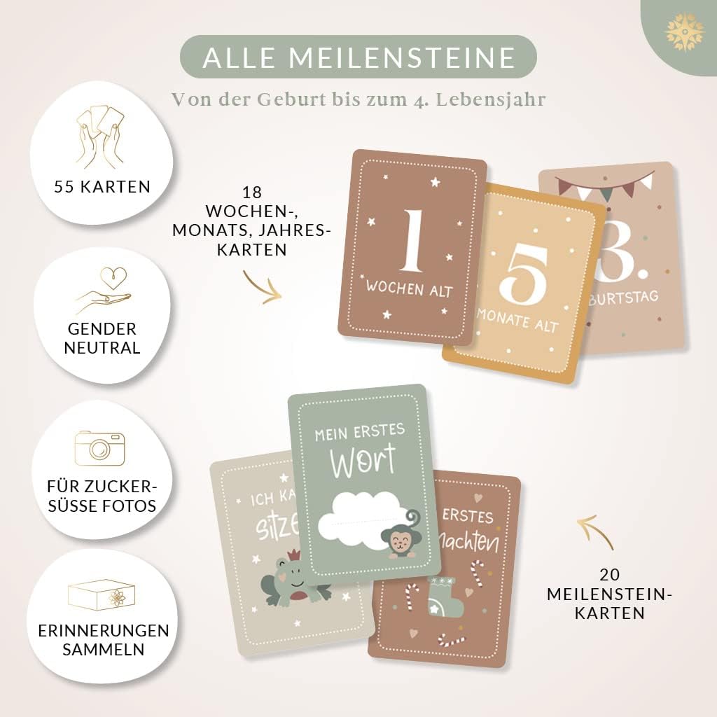Lebenskompass Geschenk Set für Babys - Babyalbum "PURE" + Meilensteinkarten inkl. Kartenständer aus Holz + Baby Sticker Set zum verschenken zur Babyparty - liebevoll gestaltetes Erinnerungsalbum
