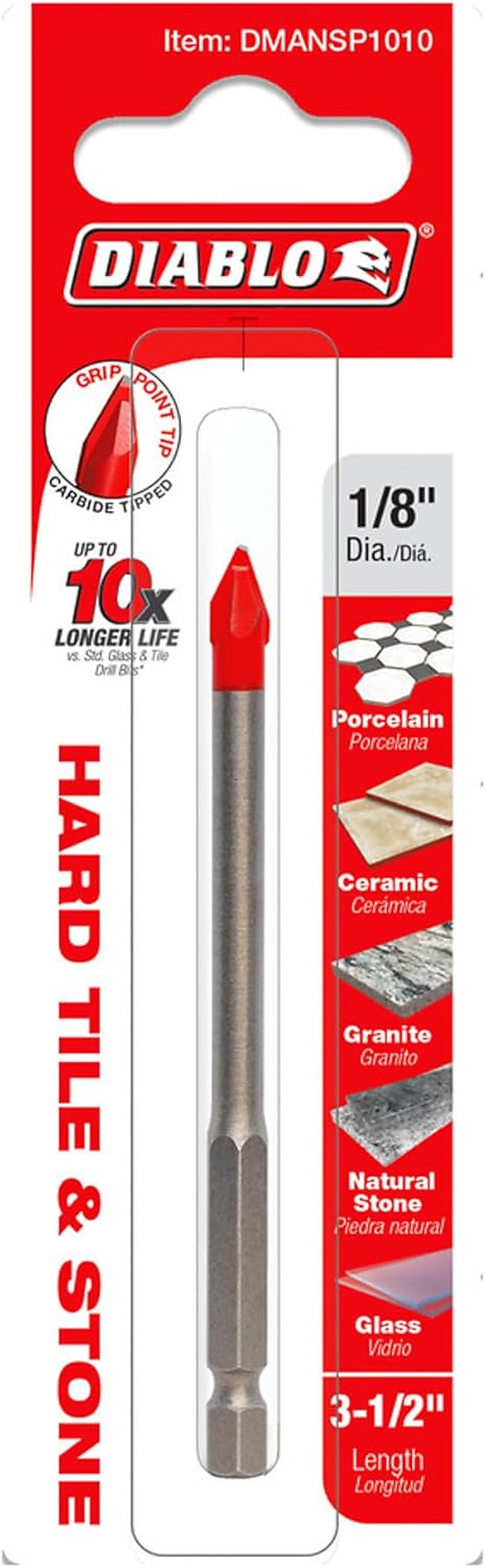 Diablo Hard Tile and Stone Carbide Tipped Drill Bit - Ideal for Hammer and Rotary Drills - 1/8" Diameter, Hex Shank, 3-1/2" Length - DMANSP1010