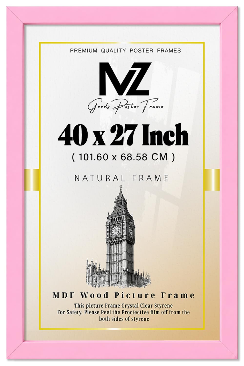 MZ GOODS | MDF Picture Frame (101.60 x 68.58 CM) 27 x 40 for Posters, Artwork & Wall Décor, Elegant MDF Finish, Secure Hanging Hooks Included [ Pink ]