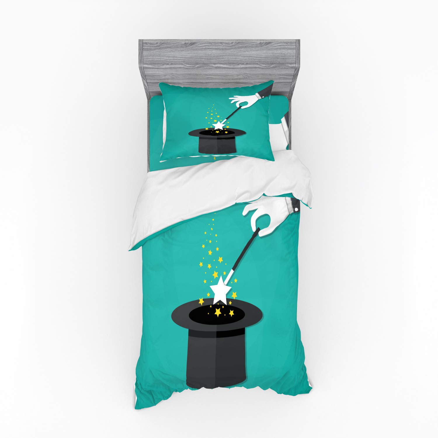 Ambesonne Wizard Bedding Set, Hands in White Gloves Holding a Magic Wand with Stars Above Black Hat, 3 Piece Duvet Cover Set with Sham and Fitted Sheet, Twin XL Size, Turquoise Yellow