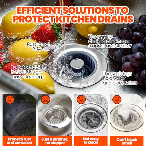 Kitchen Sink Drain Strainer - Upgraded Kitchen Sink Stopper,Sink Stopper Kitchen Drain,Stainless Steel Drain Plug with Anti-Clog Basket Drain Stopper Combo,for Standard 3-1/2'' Drain,Grey - Image 6