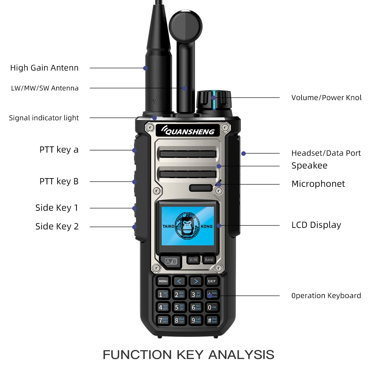 Quansheng TK-11(8) Two Way Radio PMR446 10W VHF/UHF con 999 Canali, IP55 Waterproof, Batteria 2500mAh, Tipo-C, CE Certificato per Uso Commerciale Esterno