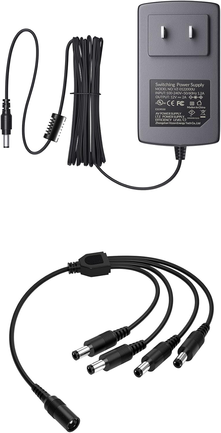 ZOSI AC 100240V to DC 12V 2A Power Supply Adapter with 1T4 Powere Splitter Cable