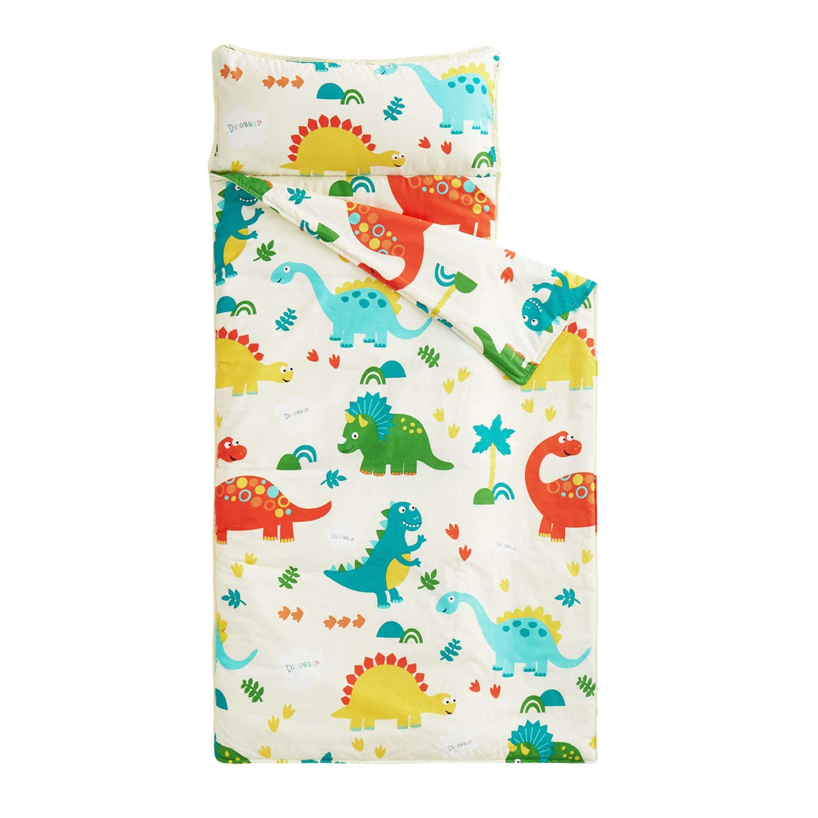 Wake In Cloud - Toddler Nap Mat with Pillow and Blanket, 100% Cotton Fabric, for Kids Boys Ages 3 Plus in Daycare Kindergarten Preschool, Roll Up Sleeping Bag, Cute Dinosaurs, Cream, Extra Long