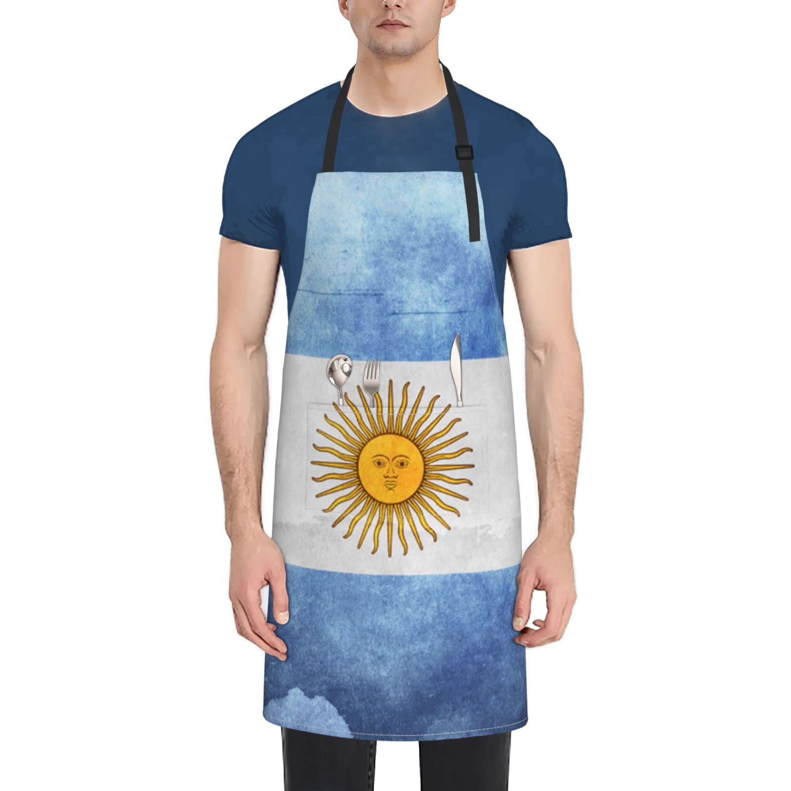 Delantal unisex con 2 bolsillos, bandera de Argentina, retro, para cocina, cocina, barbacoa, hornear, jardinería, Negro, Talla única