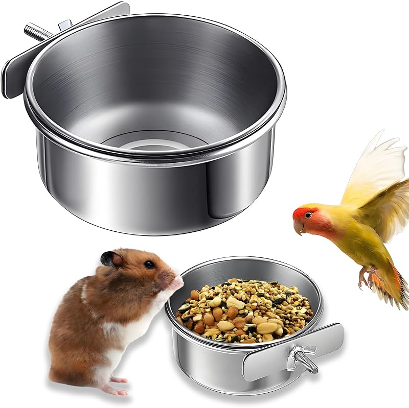 Comedouro para Aves TARANDUS em Aço Inoxidável com Suporte para Gaiola, Tamanho L, Pacote com 1