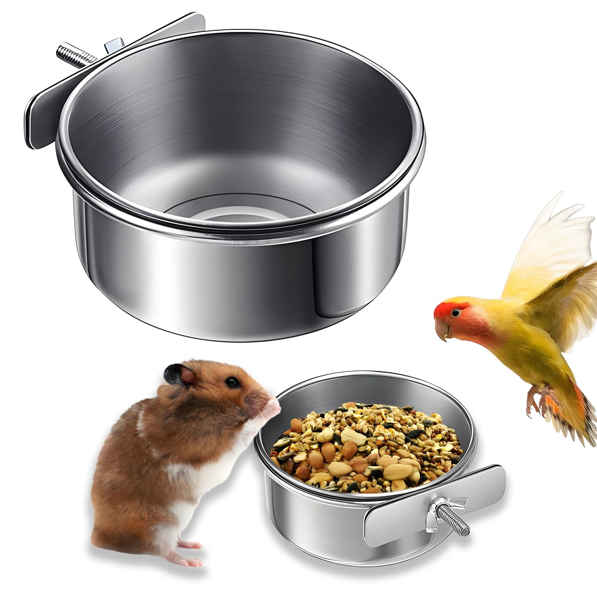Parrot Feeding Cups Stainless Steel Bird Cage Feeder & Water Bowl - Chew-Proof Food Bowls with Clamp Holder for Parrot, Cockatiel, Conure, Budgie, Macaw, and Small Animals (S-1Pc)