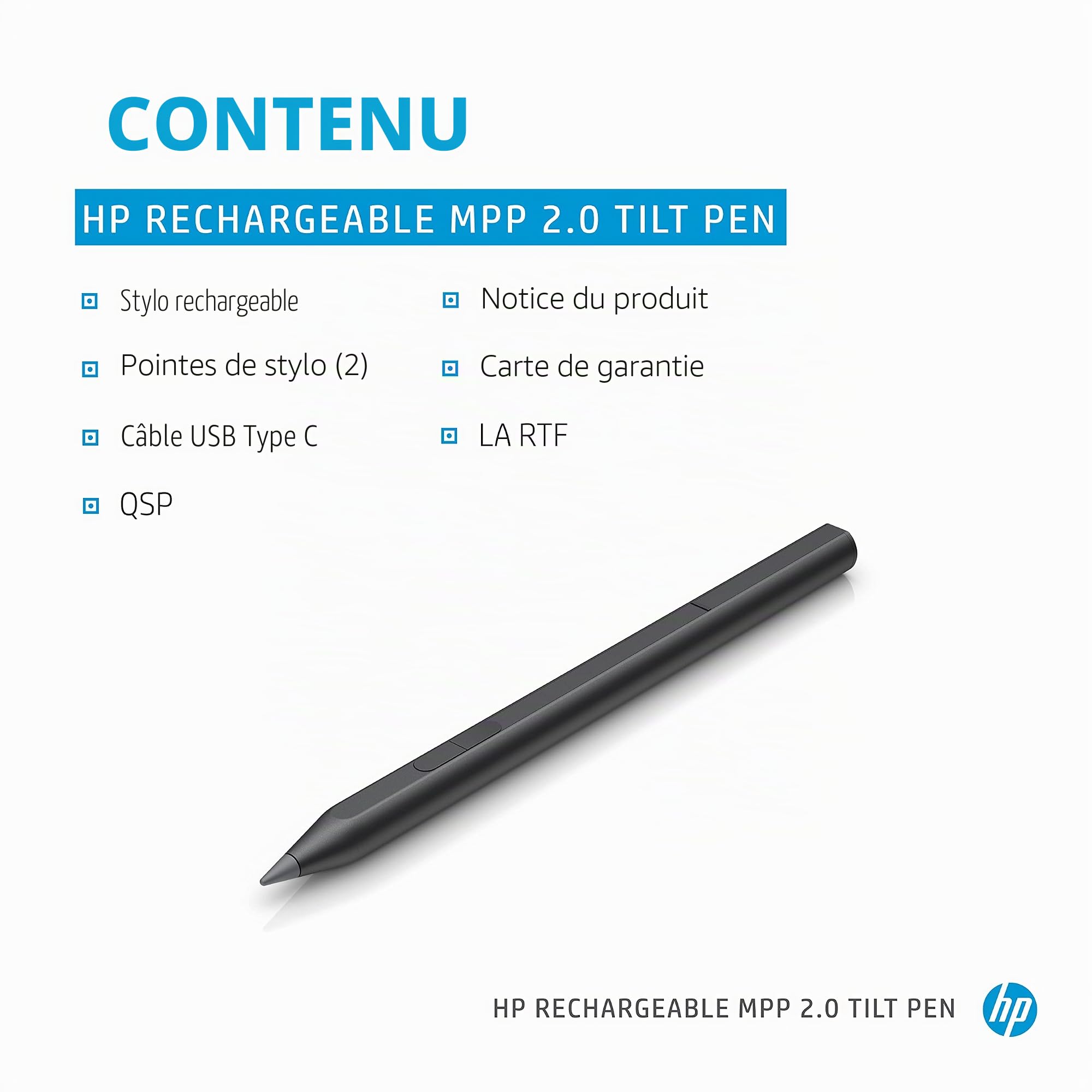 HP Stylo MPP 2.0 Rechargeable inclinable pour appareils à écran Tactile • Design Personnalisable et Compact avec Corps magnétique • Garantie limitée d'un an • Noir (3J122AA)