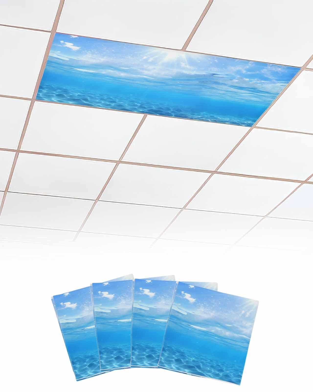 EwdeWwo Summer 4 Pcs Fluorescent Light Covers for Ceiling Lights, Ocean Sea Blue Waves Underwater Magnetic Light Filters for Eliminate Harsh Glare Classroom Office Decoration, 4 x 2 Ft