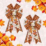 2PCS Fall Wreath Bows Thanksgiving Bows Pumpkin Stem Orange Buffalo Plaid Burlap Linen Bow for Wreath, Autumn Ribbon Bows for Thanksgiving Party Home Indoor Outdoor Decoration Wreath Ornament Supplies