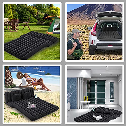 Byomostor Suv Air Mattress, Inflatable Car Mattress With Cup & Phone Holder Flocked-Top Pvc Car Mattress W/Two Air Pillows & Electric Air Pump Perfect For Camping Travel Road Trip (Black) #TOP6