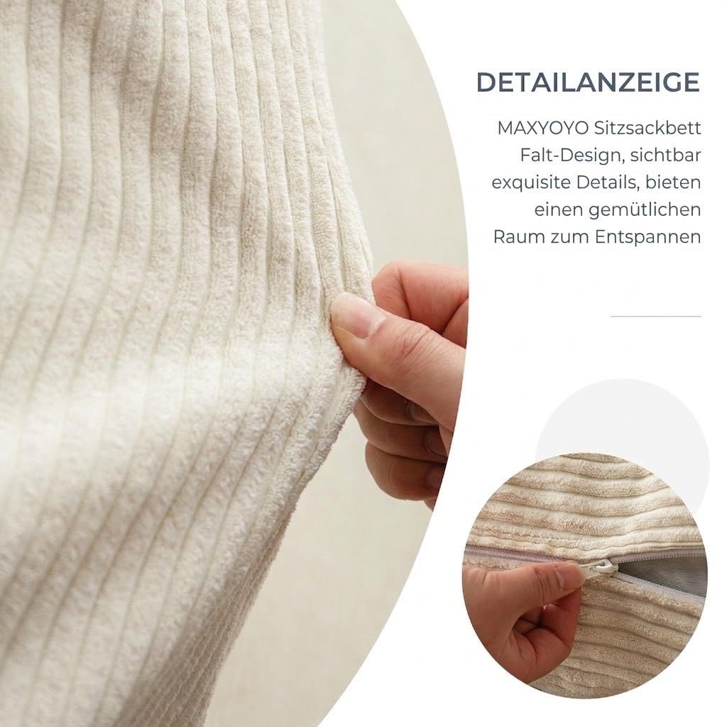MAXYOYO Sitzsack-Bett, faltbar, Cord-Schlafsofa, Bodenmatratze für Erwachsene, extra dick, 4-Fach gefaltet, Bodencouch für Schlafzimmer, Wohnzimmer, Beige, 135 x 240 cm