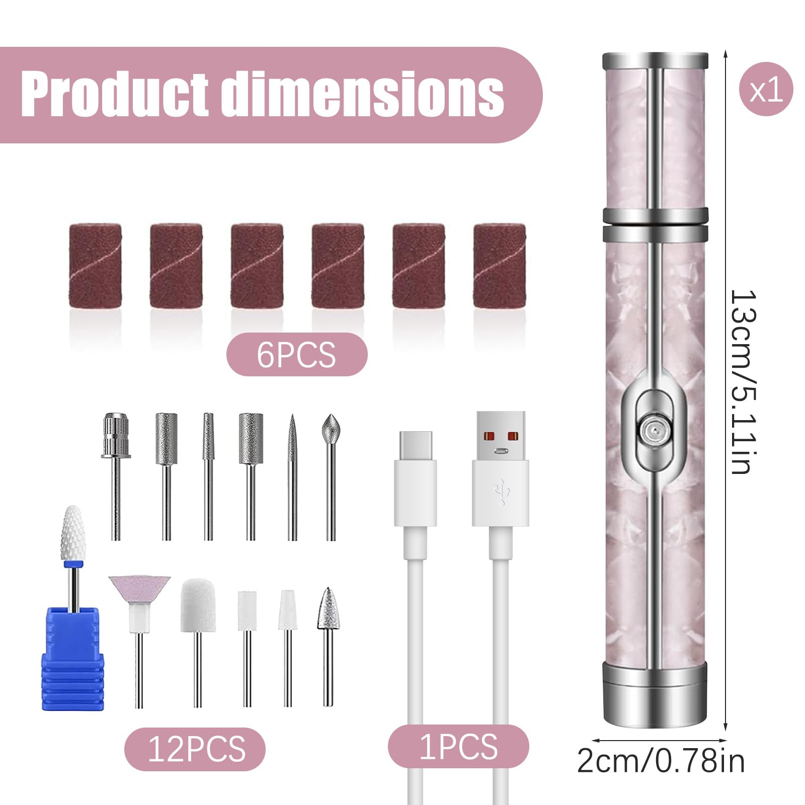 Torno Para Uñas Profesional Con 12 Cabezales Pulidores, 6 Granos, 4 Velocidades Ajustables, Carga Sin Cable, Limador De Uñas Electrico Para Uñas De Manos Y Pies, Quita Gel, Pedicura Y Manicura