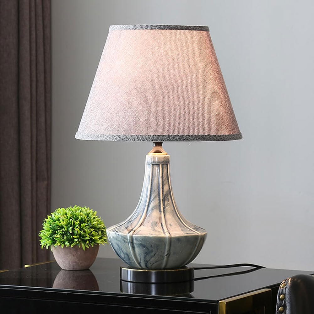 SGKOMN Rustic Ceramic Table Lamp, Modern Contemporary Ceramic Bedside Lamps,Gray Nightstand Lamp With Fabric Shade For Living Room, Bedroom-A