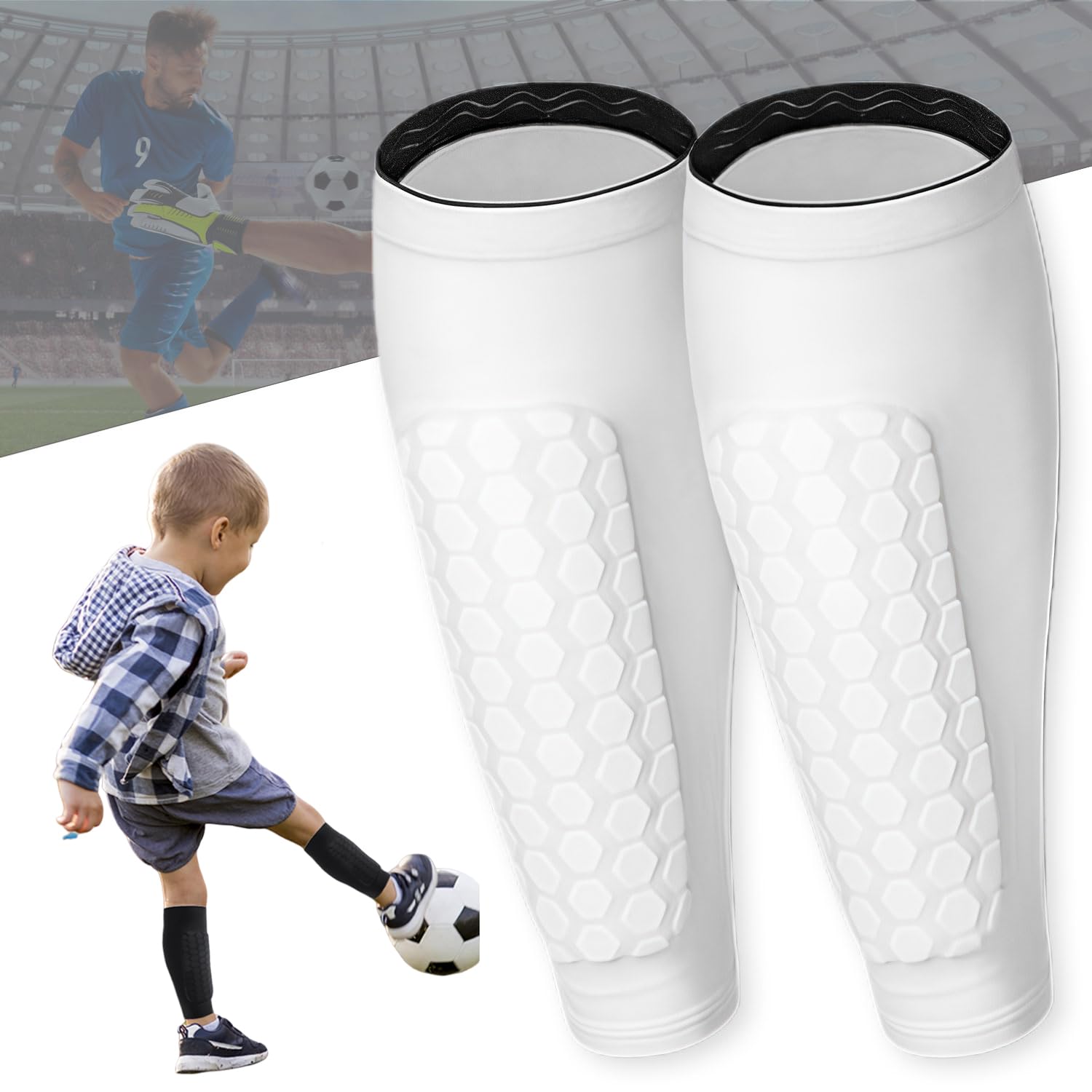 Tapis Design-Shin Pads Football, 1 Pair Shin Pad Sleeves Impact Protection, Ski Shin Protector with Honeycomb Pads, Shin Guard Sleeves for Men, Women & Kids (White, L)