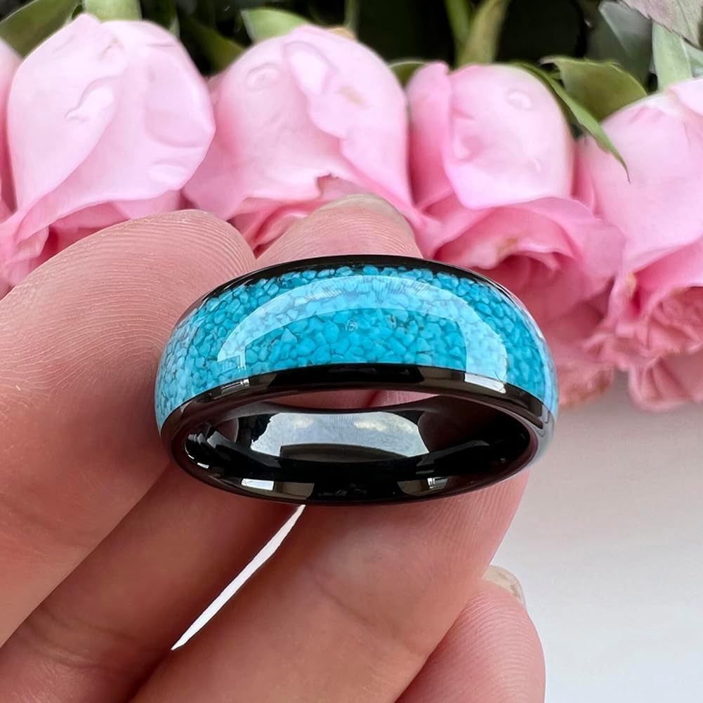 TUTISS 4mm 6mm 8mm Tungsten Rings for Men Women Engagement Wedding Bands Crushed Turquoise Inlay Domed I Love You Engraved Comfort Fit