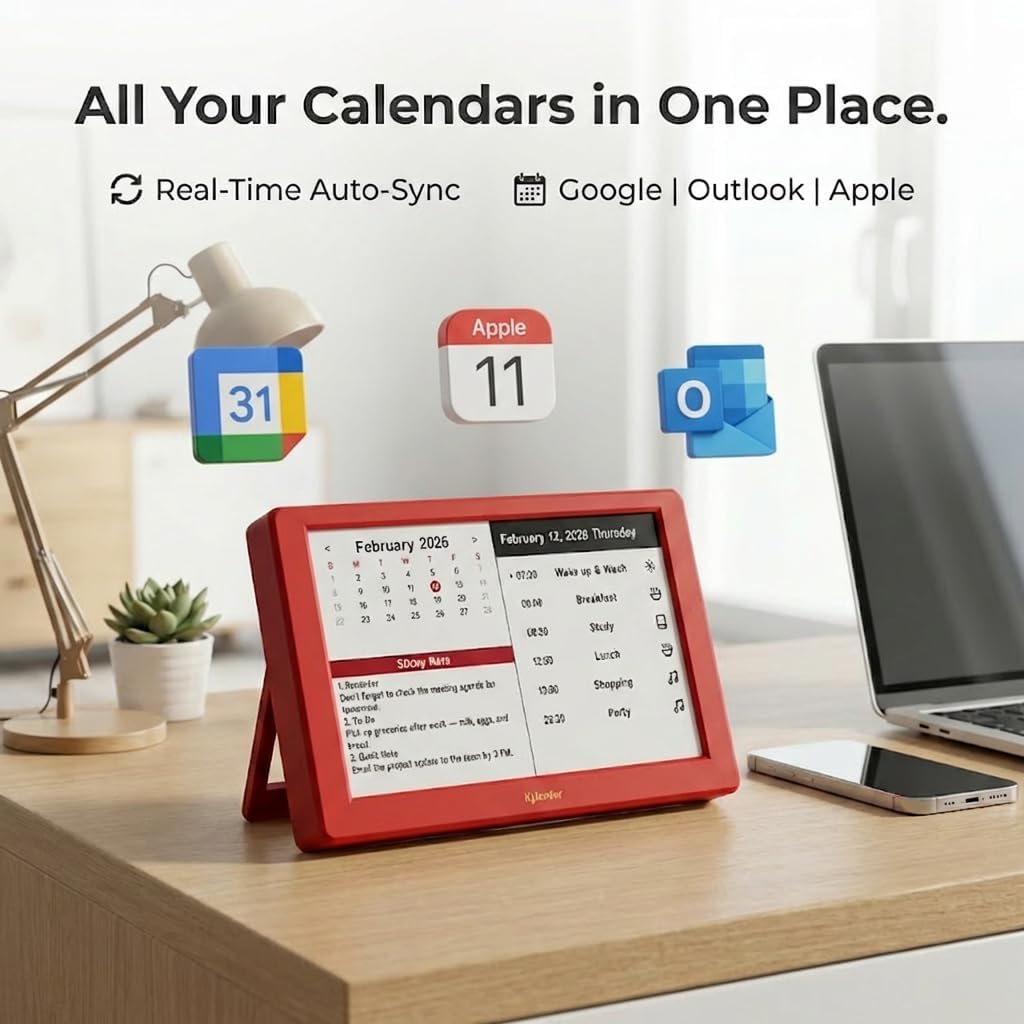 V2 Smart Digital Dashboard, 7 Inch E-Paper Customizable Display with Rechargeable Battery, Wi-Fi Information Hub for Weather, Calendar, Time Cards & Global Language, Home Office Decor (Red)