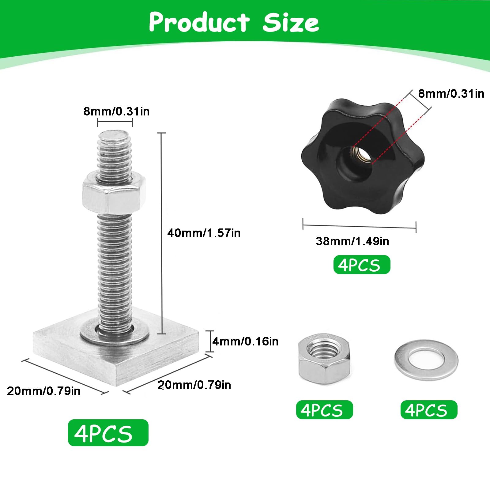 DAIRYCOF T Track Bolts 4 PCS Roof Rack Bolts M8 x 40 mm with Thumb Screws m8 with nut Washer 20x20×4mm Square Sliding Blocks for roof Rack Rail Carrier (4 - Image 3