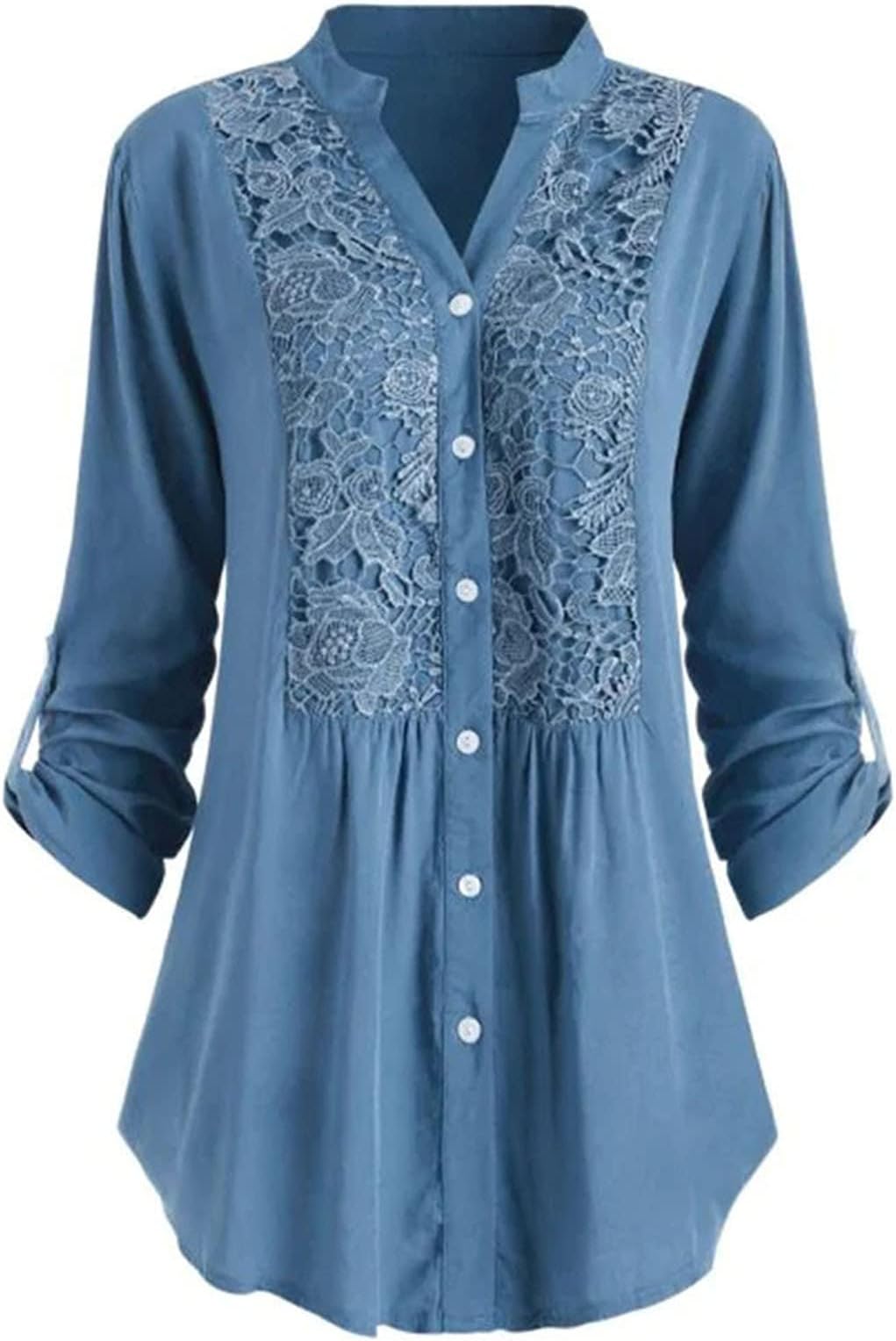 Women's Henley V Neck Floral Lace Crochet Blouse Tops Roll-up Sleeve Button Down Tunic Shirt Blue